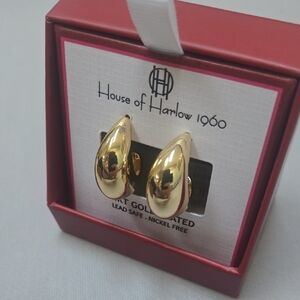 House of Harlow 1960 Shiny Gold Teardrop Earrings 14k Gold Plated Nickel FreeNEW